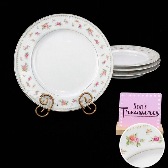 ABINGDON By Japan Pink Orange Floral Fine Porcelain White Dinner Plates Set 4
